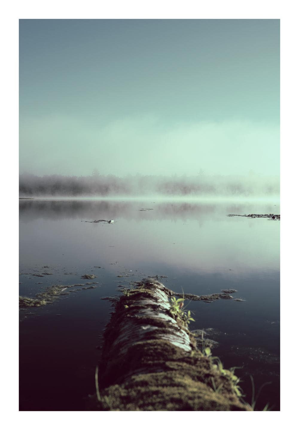 Photograph of fog over a lake, edited, increased color and contrast.